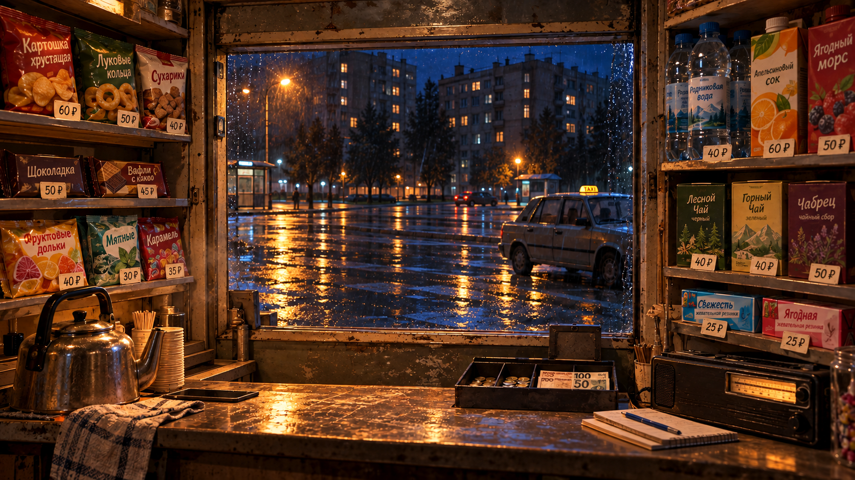 Ночной ларёк с тёплым светом в дождливом городе
